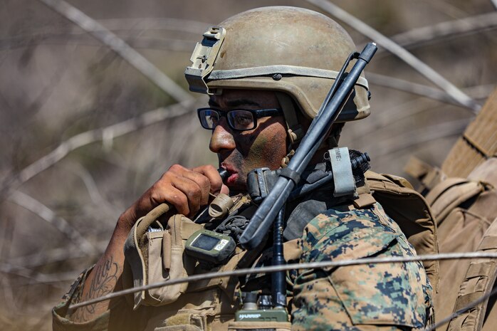 U.S. Marine Corps Cpl. Edgar Barajachavez, a squad leader with 2nd Battalion, 5th Marine Regiment, 1st Marine Division, drinks water during a Marine Corps Combat Readiness Evaluation (MCCRE) on Marine Corps Base Camp Pendleton, California, Sept. 22, 2019. 5th Marines conducted a regimental-sized MCCRE for 1st Battalion, 5th Marines and 2nd Battalion, 5th Marines, as well as the Regimental Headquarters to increase the combat proficiency and readiness of the regiment. The MCCRE took place over a 10 day period and served as proof of concept for future regimental-sized MCCREs. (U.S. Marine Corps photo by Lance Cpl. Roxanna Ortiz)