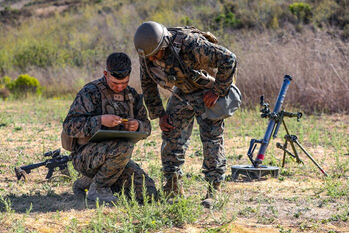 U.S. Marine Corps Cpl. Edgar Barajachavez, right, a squad leader instructs Pfc. Brock Barton, a mortarman, both with 2nd Battalion, 5th Marine Regiment, 1st Marine Division, during a Marine Corps Combat Readiness Evaluation (MCCRE) on Marine Corps Base Camp Pendleton, California, Sept. 22, 2019. 5th Marines conducted a regimental-sized MCCRE for 1st Battalion, 5th Marines and 2nd Battalion, 5th Marines, as well as the Regimental Headquarters to increase the combat proficiency and readiness of the regiment. The MCCRE took place over a 10 day period and served as proof of concept for future regimental-sized MCCREs. (U.S. Marine Corps photo by Lance Cpl. Roxanna Ortiz)