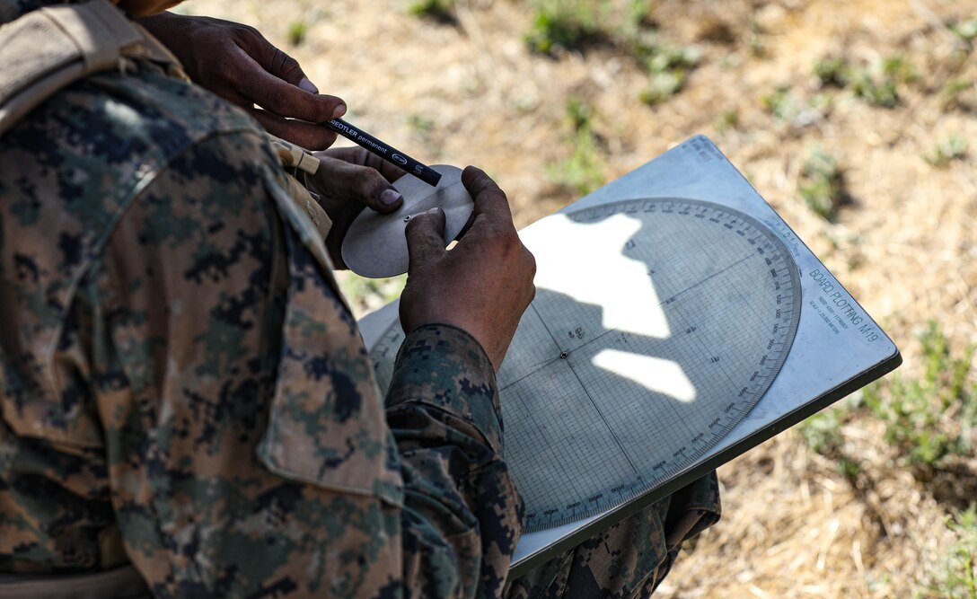 U.S. Marine Corps Pfc. Brock Barton, a mortarman with 2nd Battalion, 5th Marine Regiment, 1st Marine Division, uses a whiz wheel during a Marine Corps Combat Readiness Evaluation (MCCRE) on Marine Corps Base Camp Pendleton, California, Sept. 22, 2019. 5th Marines conducted a regimental-sized MCCRE for 1st Battalion, 5th Marines and 2nd Battalion, 5th Marines, as well as the Regimental Headquarters to increase the combat proficiency and readiness of the regiment. The MCCRE took place over a 10 day period and served as proof of concept for future regimental-sized MCCREs. (U.S. Marine Corps photo by Lance Cpl. Roxanna Ortiz)