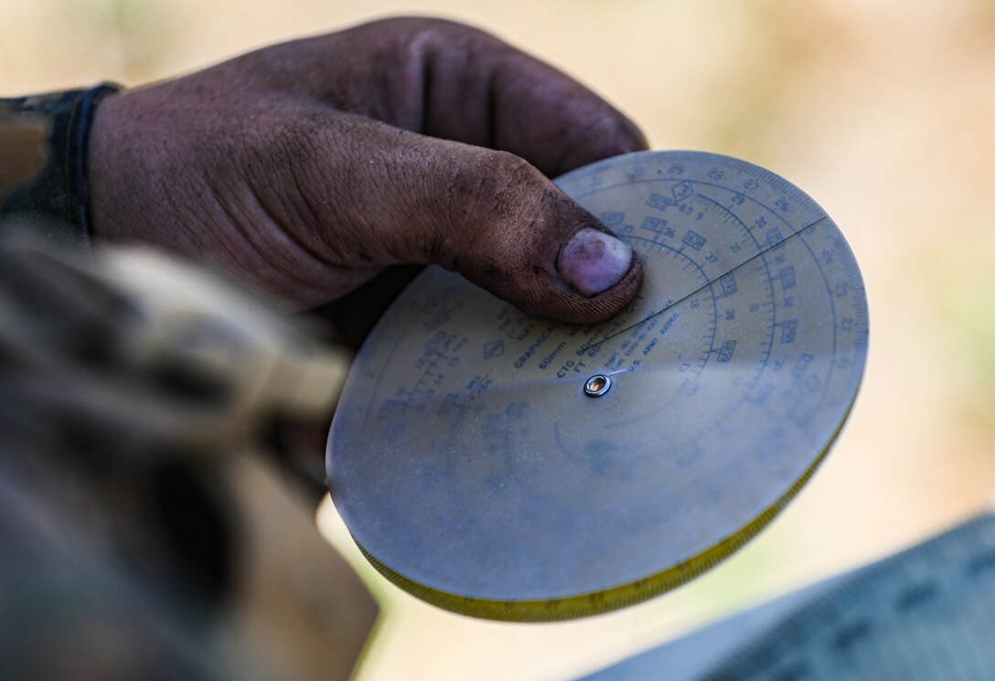 U.S. Marine Corps Pfc. Brock Barton, a mortarman with 2nd Battalion, 5th Marine Regiment, 1st Marine Division, uses a whiz wheel during a Marine Corps Combat Readiness Evaluation (MCCRE) on Marine Corps Base Camp Pendleton, California, Sept. 22, 2019. 5th Marines conducted a regimental-sized MCCRE for 1st Battalion, 5th Marines and 2nd Battalion, 5th Marines, as well as the Regimental Headquarters to increase the combat proficiency and readiness of the regiment. The MCCRE took place over a 10 day period and served as proof of concept for future regimental-sized MCCREs. (U.S. Marine Corps photo by Lance Cpl. Roxanna Ortiz)