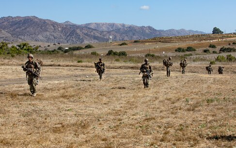 U.S. Marines with 2nd Battalion, 5th Marine Regiment, 1st Marine Division, patrol during a Marine Corps Combat Readiness Evaluation (MCCRE) on Marine Corps Base Camp Pendleton, California, Sept. 23, 2019. 5th Marines conducted a regimental-sized MCCRE for 1st Battalion, 5th Marines and 2nd Battalion, 5th Marines, as well as the Regimental Headquarters to increase the combat proficiency and readiness of the regiment. The MCCRE took place over a 10 day period and served as proof of concept for future regimental-sized MCCREs. (U.S. Marine Corps photo by Lance Cpl. Roxanna Ortiz)