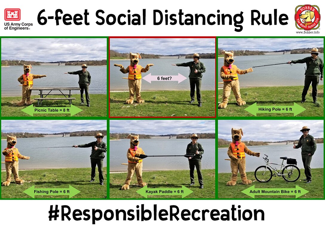 If you’re finding it hard to estimate what exactly 6-feet looks like, here are Bobber the Water Safety Dog and a USACE park ranger using some common recreational items to help you determine the appropriate distance you should keep from other people. #ResponsibleRecreation