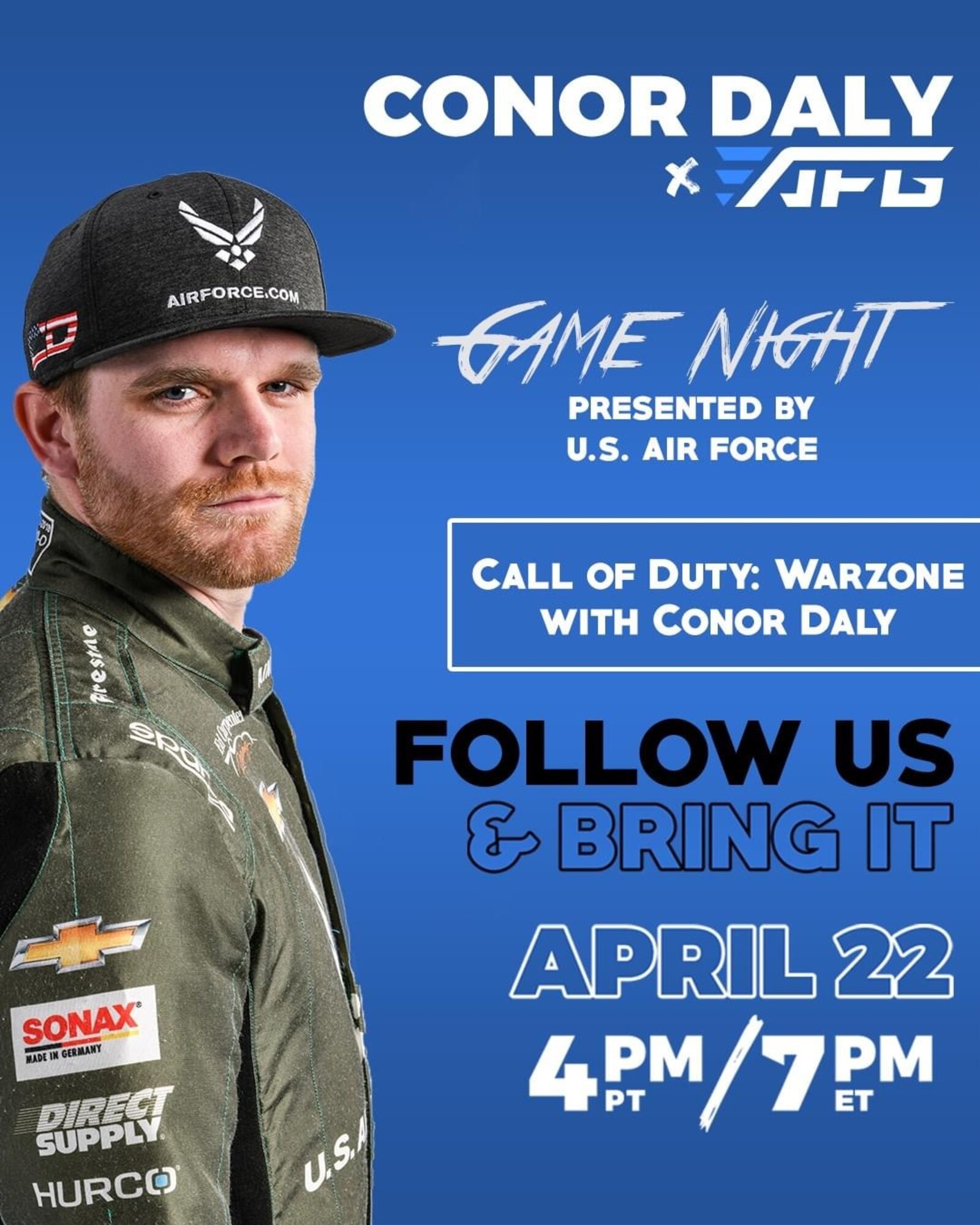 blue graphic with picture of race car driver