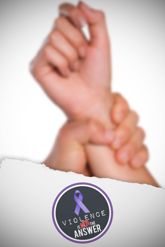 Male hand grabbing female wrist against domestic violence awareness graphic
