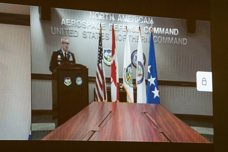 U.S. Air Force Gen. Terrence O’Shaughnessy, commander of the North American Aerospace Defense Command and United States Northern Command, addresses the attendees of Lt. Gen. David A. Krumm’s assumption of command during the Alaskan Command change of command ceremony April 20, 2020, at Joint Base Elmendorf-Richardson, Alaska. O’Shaughnessy and Air Force Gen. Charles Q. Brown, Pacific Air Forces commander, presided over the ceremony via video teleconference due to physical restrictions from the ongoing COVID-19 pandemic.