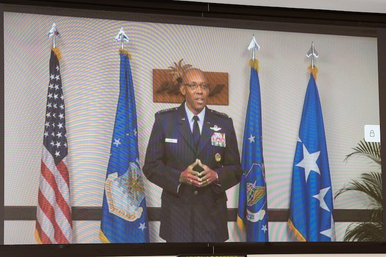 U.S. Air Force Gen. Charles Q. Brown, Pacific Air Forces commander, offers remarks during Air Force Gen. David A. Krumm’s promotion ceremony April 20, 2020, at Joint Base Elmendorf-Richardson, Alaska. Brown and Air Force Gen. Terrence O’Shaughnessy, commander of the North American Aerospace Defense Command and United States Northern Command, presided over the ceremony via video teleconference due to physical restrictions from the ongoing COVID-19 pandemic.