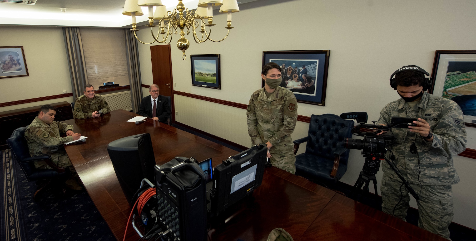 The 86th Airlift Wing Public Affairs team partners with Armed Forces Network Kaiserslautern to broadcast the virtual town hall over multiple platforms simultaneously from Ramstein Air Base, Germany, April 20, 2020.