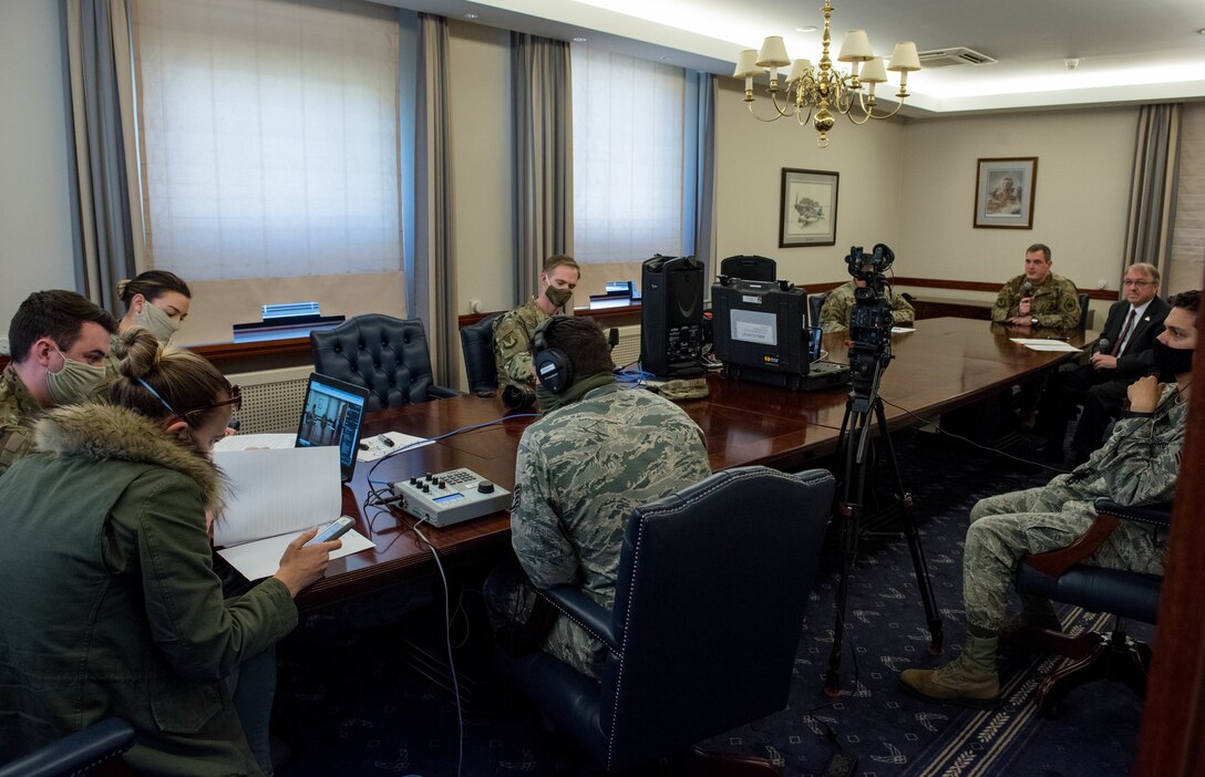 The 86th Airlift Wing Public Affairs team partners with Armed Forces Network Kaiserslautern to broadcast the virtual town hall over multiple platforms simultaneously from Ramstein Air Base, Germany, April 20, 2020.
