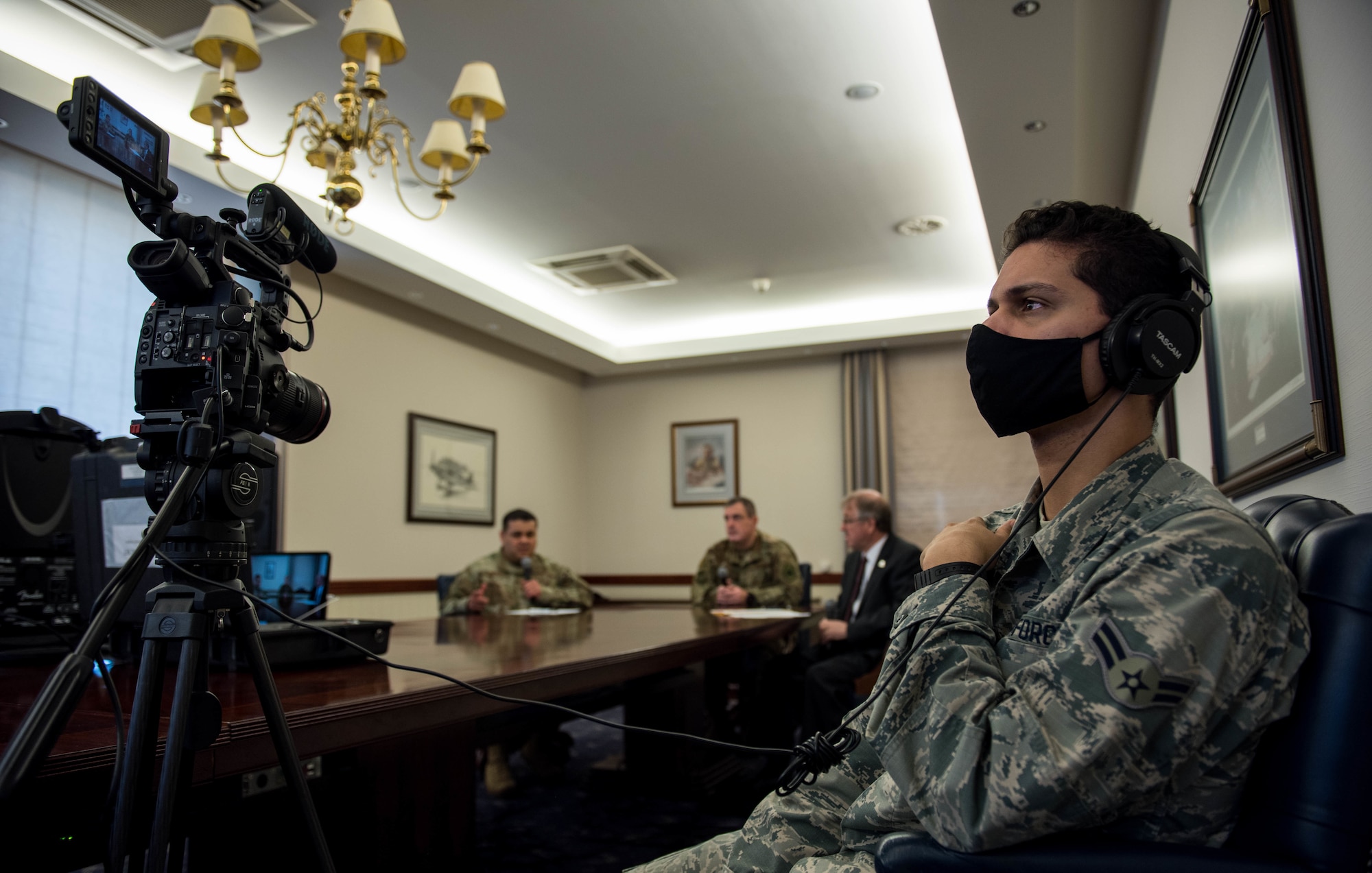 The 86th Airlift Wing Public Affairs team partners with Armed Forces Network Kaiserslautern to broadcast the virtual town hall over multiple platforms simultaneously from Ramstein Air Base, Germany, April 20, 2020.