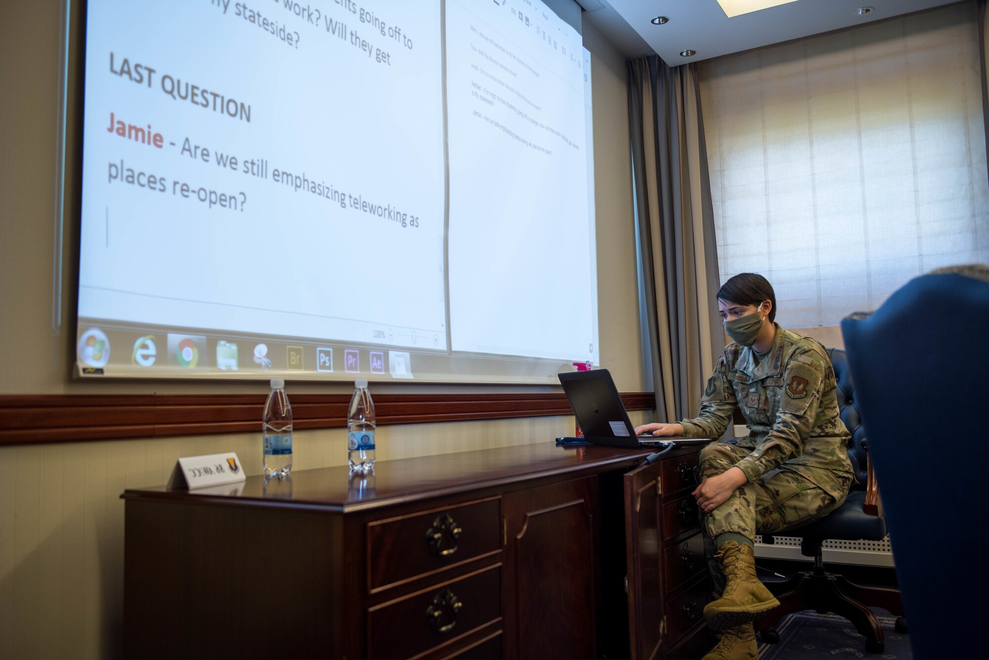 The 86th Airlift Wing Public Affairs team partners with Armed Forces Network Kaiserslautern to broadcast the virtual town hall over multiple platforms simultaneously from Ramstein Air Base, Germany, April 20, 2020.