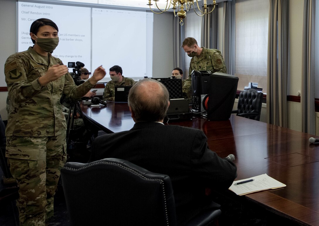 The 86th Airlift Wing Public Affairs team partners with Armed Forces Network Kaiserslautern to broadcast the virtual town hall over multiple platforms simultaneously from Ramstein Air Base, Germany, April 20, 2020.