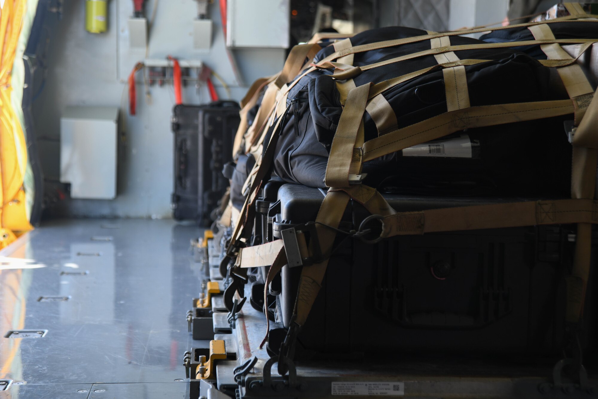 Aircrews’ cargo sits on a baggage pallet Apr. 9, 2020, at McConnell Air Force Base, Kansas. A five-man team preloaded aircrews’ cargo onto the KC-135 Stratotanker, which allowed for the immediate departure of the deploying aircrew. (U.S. Air Force photo by Airman 1st Class Nilsa E. Garcia)