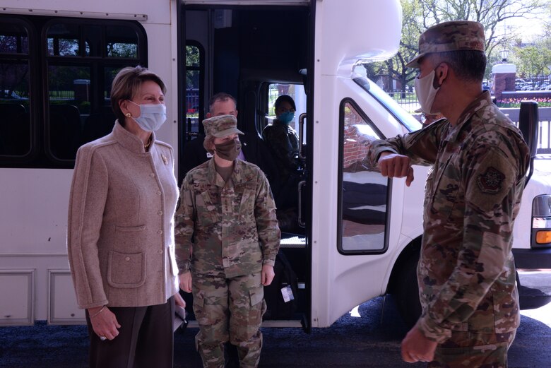 The Honorable Barbara M. Barrett, Secretary of the Air Force, is welcomed to Air Mobility Command headquarters by AMC leaders at Scott Air Force Base, Illinois, April 21, 2020. Barrett visited the 618th Air Operations Center, AMC’s execution arm for providing America’s global reach, to see how the team continues to accomplish their mission in light of social distancing requirements. (U.S. Air Force photo by Master Sgt. Mike Andriacco)