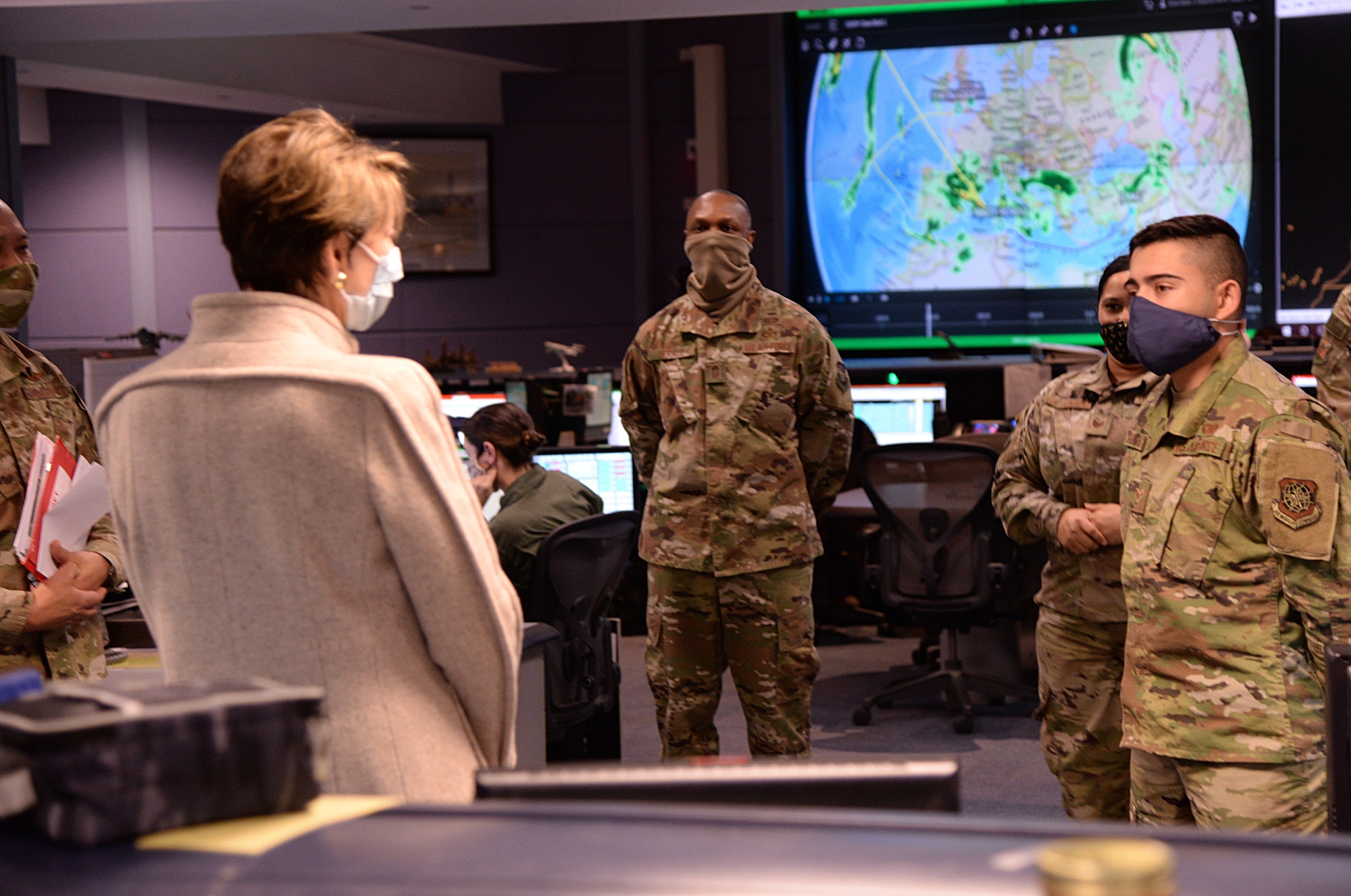The Honorable Barbara M. Barrett, Secretary of the Air Force, meets 618th Air Operations Center personnel at Scott Air Force Base, Illinois, April 21, 2020. Barrett visited the 618th AOC, Air Mobility Command’s execution arm for providing America’s global reach, to see how the team continues to accomplish their mission in light of social distancing requirements. (U.S. Air Force photo by Master Sgt. Mike Andriacco)