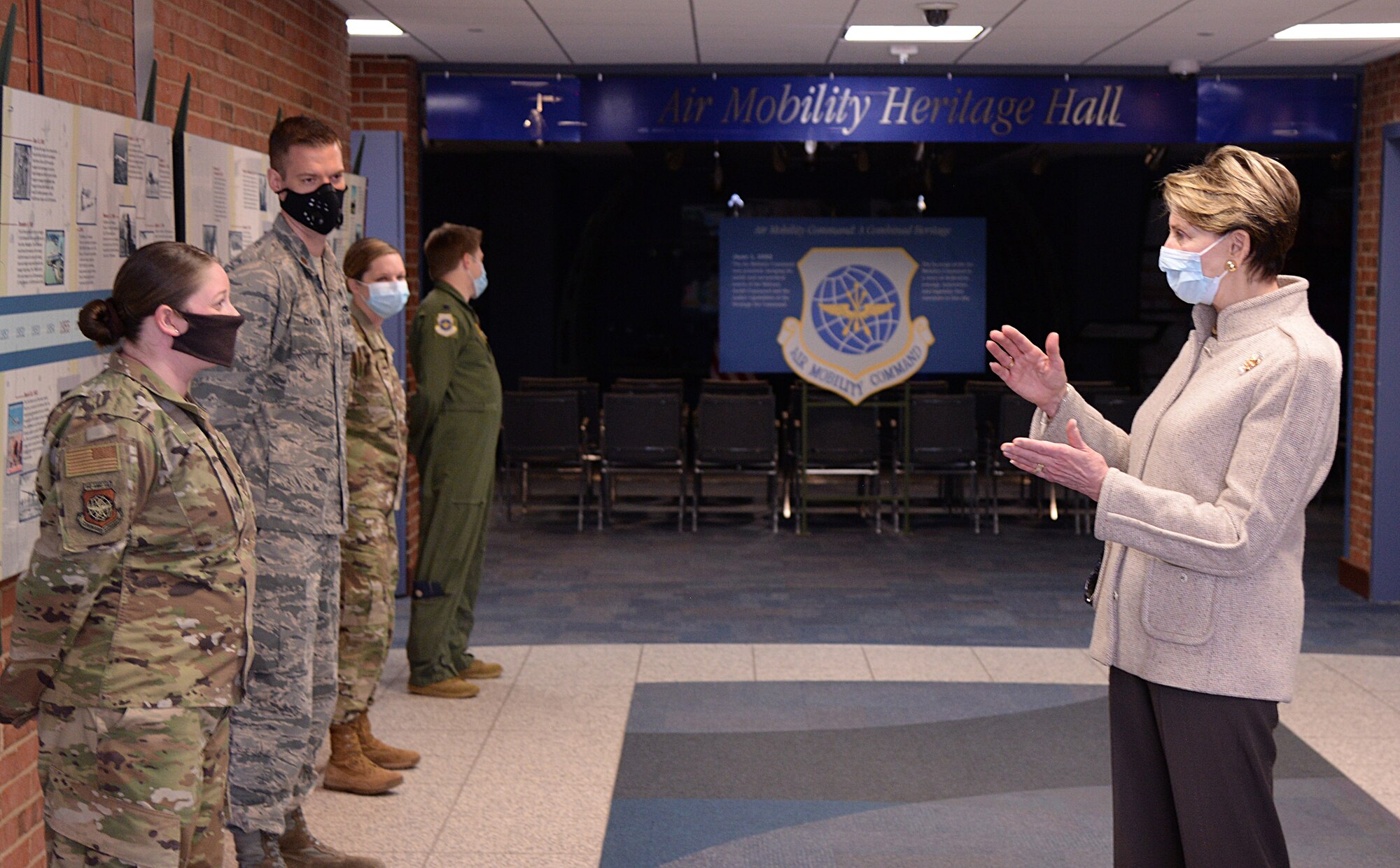 The Honorable Barbara M. Barrett, Secretary of the Air Force, speaks to outstanding performers from the 618th Air Operations Center at Scott Air Force Base, Illinois, April 21, 2020. Barrett visited the 618th Air Operations Center, Air Mobility Command’s execution arm for providing America’s global reach, to see how the team continues to accomplish their mission in light of social distancing requirements. (U.S. Air Force photo by Master Sgt. Mike Andriacco)