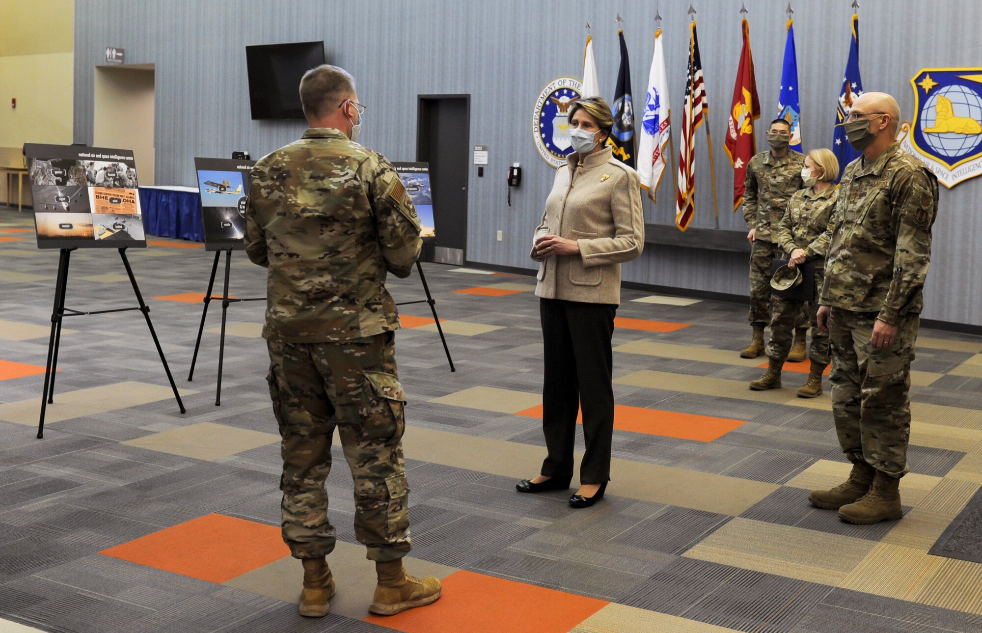 Col. Parker Wright, Commander, National Air and Space Intelligence Center, briefs Secretary of the Air Force Barbara M. Barrett