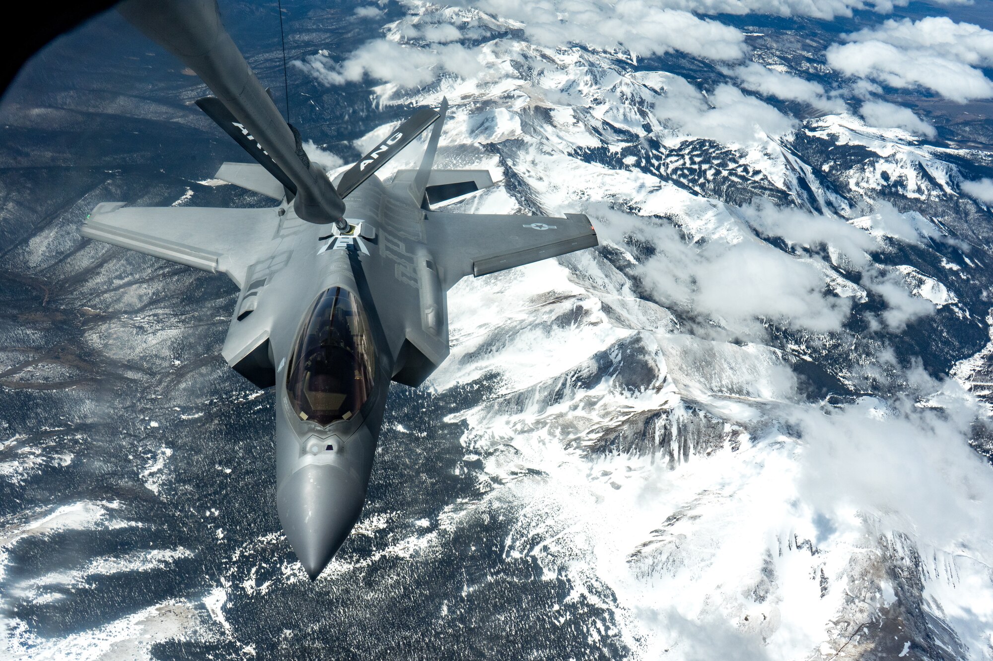 A KC-135 Stratotanker assigned to the Arizona Air National Guard, 161st Air Fueling Wing, refuels an F-35A Lightning II assigned to the 56th Fighter Wing at Luke Air Force Base, Ariz. April 17, 2020, over Colorado.