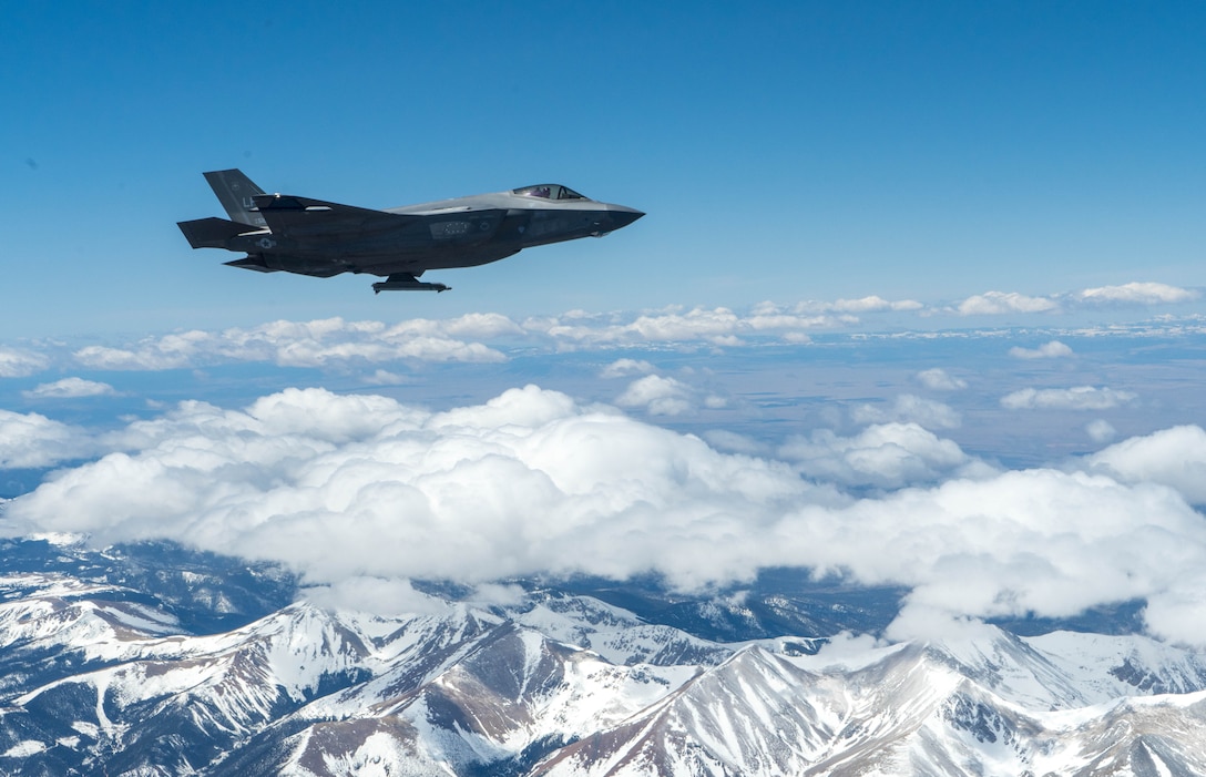 An F-35A Lightning II, assigned to the 56th Fighter Wing, at Luke Air Force Base, Ariz., flies over Colorado en route to the Air Force Academy April 17, 2020.