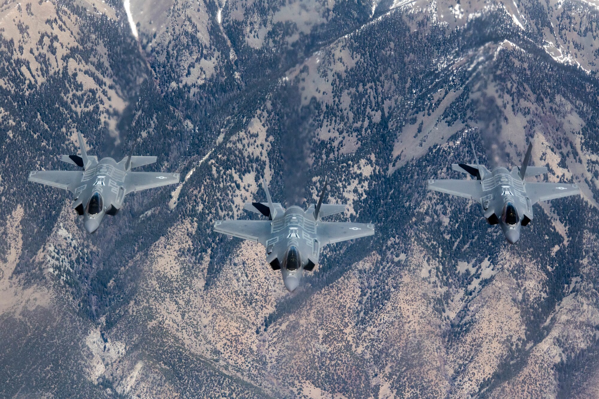 F-35A Lightning IIs, assigned to the 56th Fighter Wing, at Luke Air Force Base, Ariz., fly in formation April 17, 2020, over Colorado.