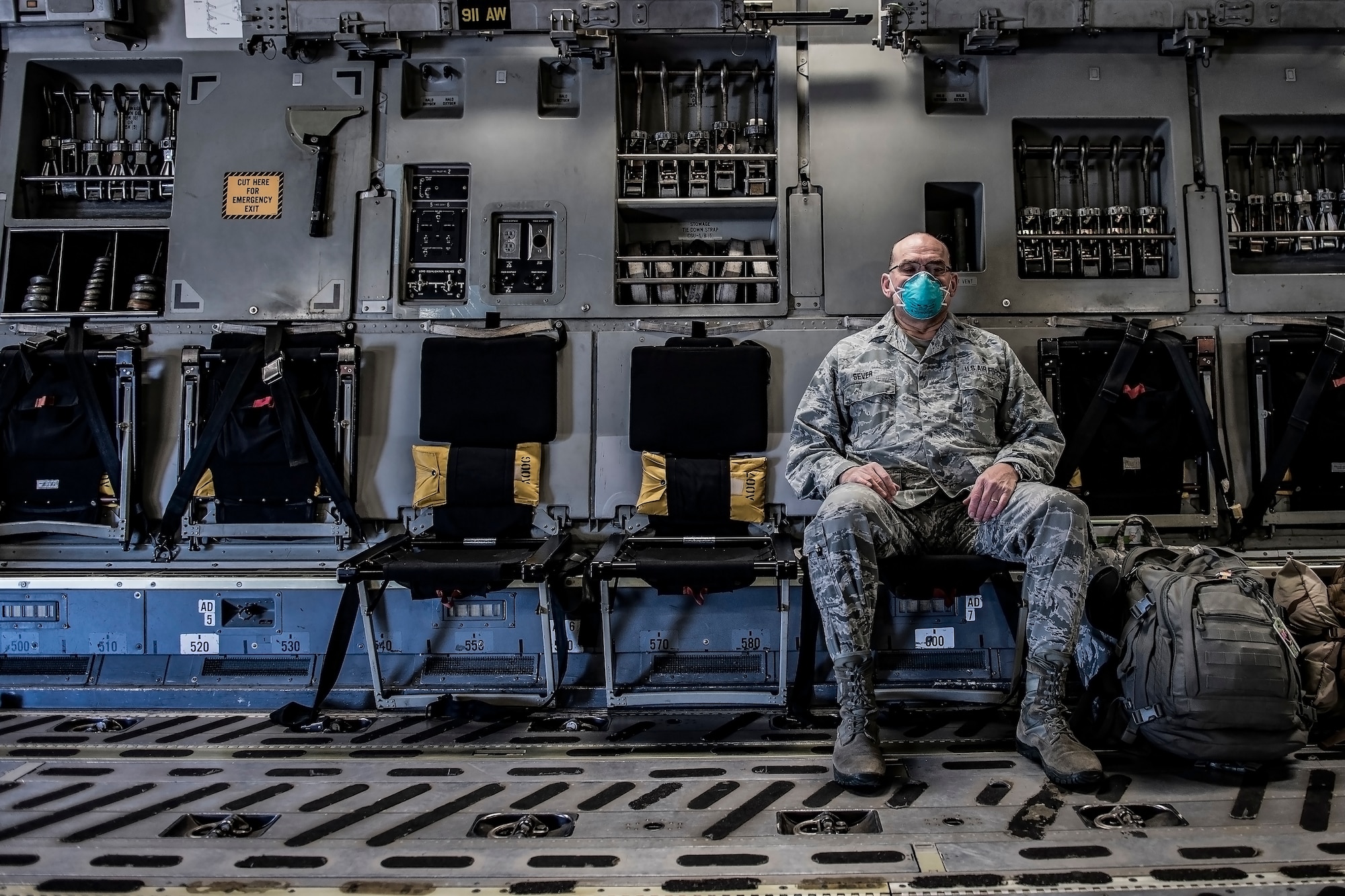 Lt. Col. David Severs, 911th Aeromedical Staging Squadron clinical nurse, sits in a C-17 Globemaster III before departing Pittsburgh International Airport Air Reserve Station, Pennsylvania, April 22, 2020.