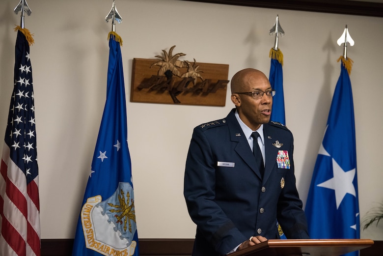 Gen. CQ Brown, Jr., Pacific Air Forces commander, gives remarks during a virtual Change of Command Ceremony, for Lt. Gen. David A. Krumm, on Joint Base Pearl Harbor-Hickam, Hawaii, and Joint Base Elmendorf-Richardson, Alaska, April 20, 2020. Due to COVID-19, Brown co-presided over the ceremony with Gen. Terrence J. O’Shaughnessy, U.S. Northern Command and North American Aerospace Defense Command commander, who also attended virtually from Peterson Air Force Base, Colorado. Krumm assumed command of Alaskan Command, United States Northern Command; Eleventh Air Force, PACAF; and North American Aerospace Defense Command, Joint Base Elmendorf-Richardson, from Lt. Gen.  Thomas A. Bussiere. (U.S. Air Force photo by Staff Sgt. Hailey Haux)
