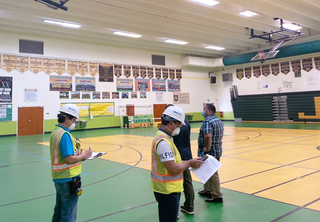 Representatives from the U.S. Army Corps of Engineers (USACE), Honolulu District, the government of Guam, the Federal Emergency Management Agency (FEMA), NAVFAC Marianas, U.S. Department Health and Human Services, and 18th MEDCOM conducted a site assessment April 22 of the John F. Kennedy High School gynasium in Tamuning for potential future use as Alternate Care Facility.