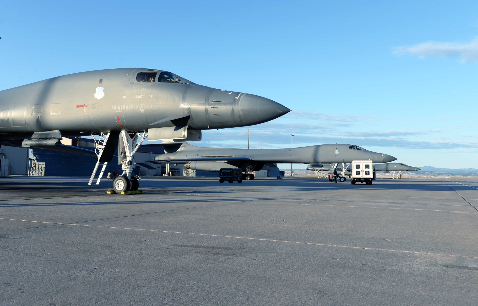 A U.S. Air Force B-1B Lancer stands ready prior to departing Ellsworth Air Force Base, S.D., April 21, 2020. Carrying the largest conventional payload of both guided and unguided weapons in the Air Force inventory, the multi-mission B-1 is the backbone of America’s long-range bomber force. The Department of Defense maintains command and control of its bomber force for any mission, anywhere in the world, at any time. (U.S. Air Force photo by Airman Quentin K. Marx)