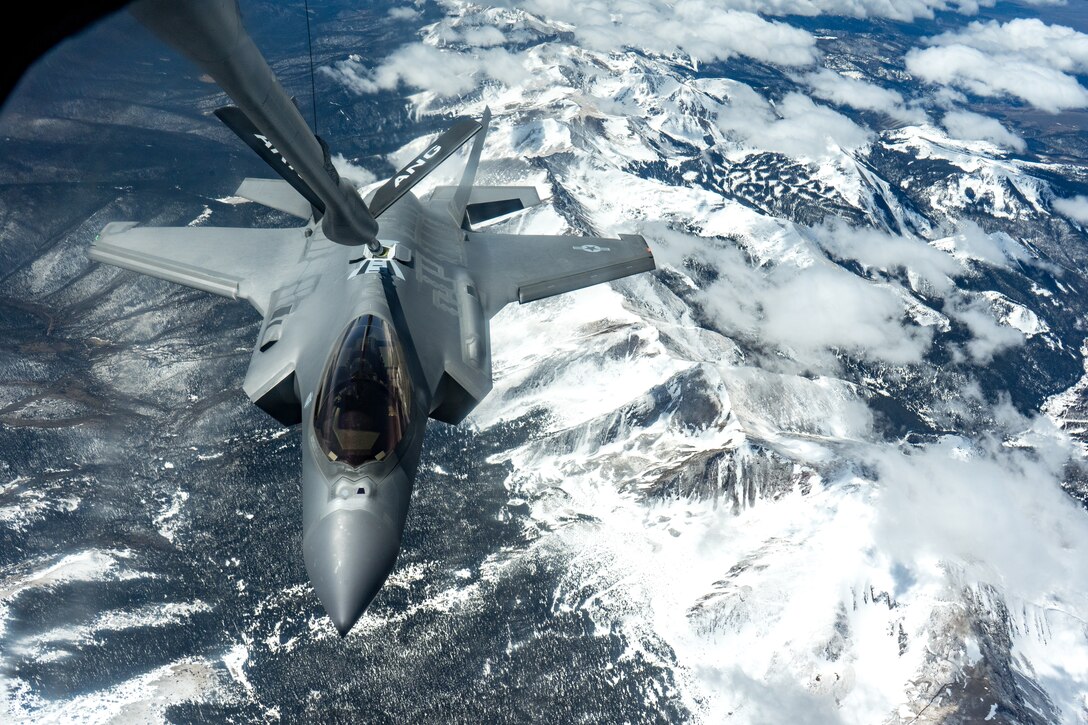 A KC-135 Stratotanker assigned to the Arizona Air National Guard, 161st Air Fueling Wing, refuels an F-35A Lightning II assigned to the 56th Fighter Wing at Luke Air Force Base, Ariz. April 17, 2020, over Colorado.