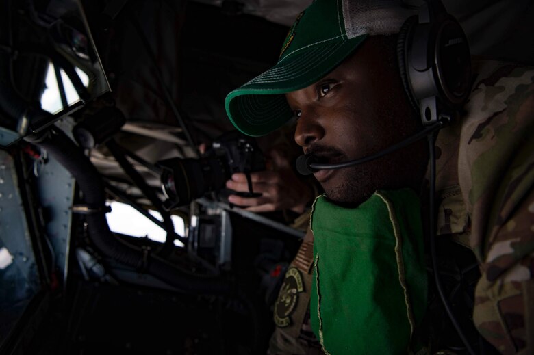 77 ARS boom operator in a the boom pod of a KC-135 Stratotanker.