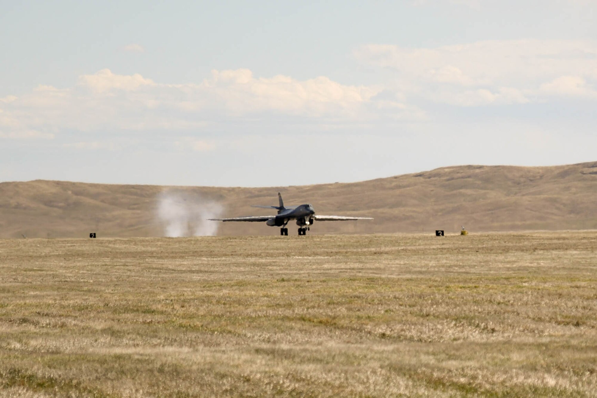 A B-1B Lancer touches down at Ellsworth Air Force Base, S.D., after completing a nearly 29-hour round-trip sortie to the Pacific theater of operations April 22, 2020.