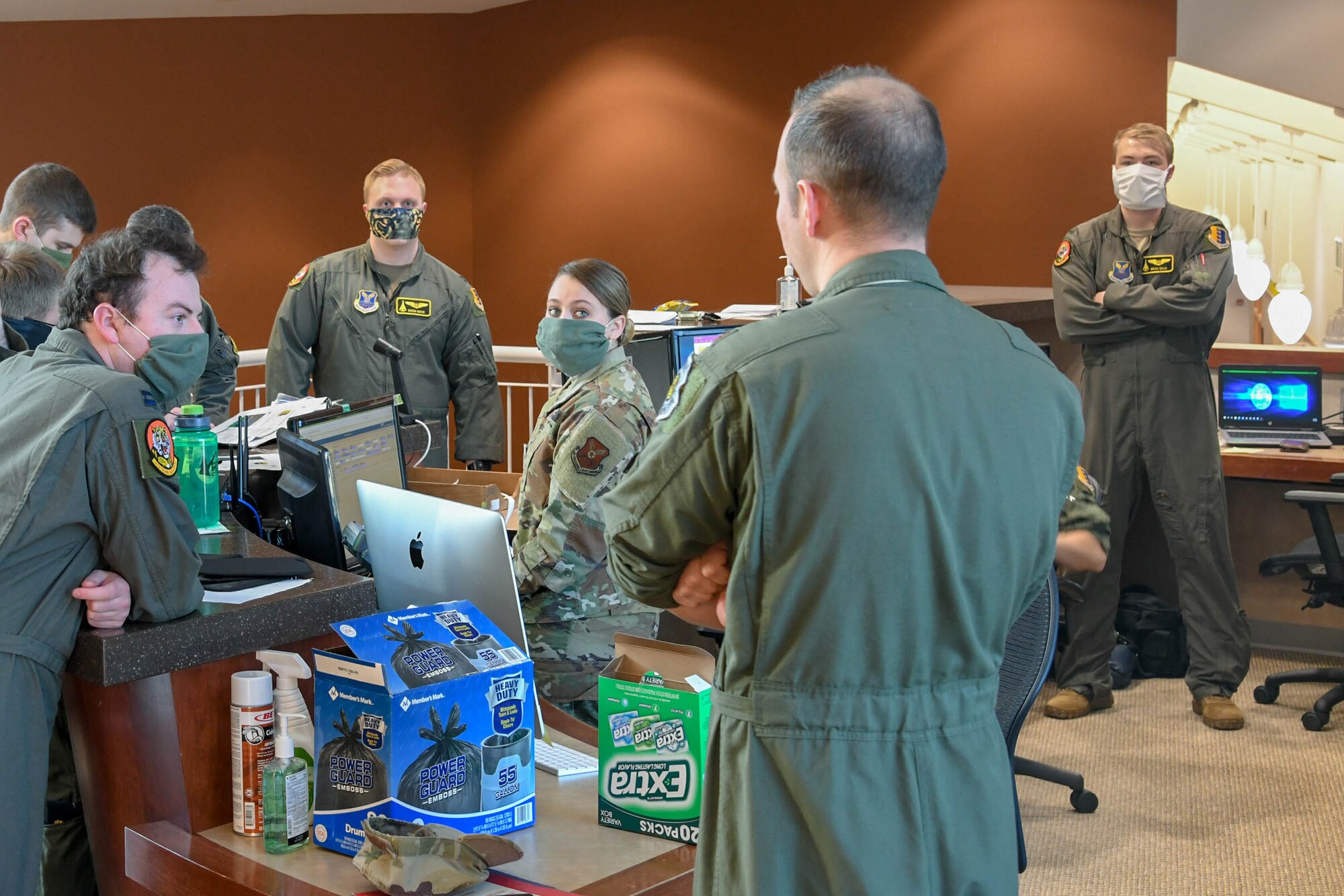 Aviators from the 37th Bomb Squadron receive a final mission briefing at Ellsworth Air Force Base, S.D., April 21, 2020. The crew flew a B-1B Lancer from the continental United States and integrated with the Koku Jieitai (Japan Air Self Defense Force or JASDF) to conduct bilateral and theater familiarization training near Japan. (U.S. Air Force photo by Senior Airman Michael Jones)