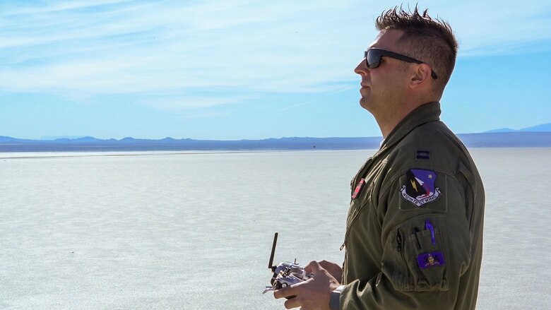 Capt. Steve DiMaio, 412th Test Wing, Emerging Technology Combined Test Force, remotely pilots a Bob Violett Models “Renegade” aircraft during a flight test on Edwards Air Force Base, California, March 4. (Air Force photo by Chris Dyer)