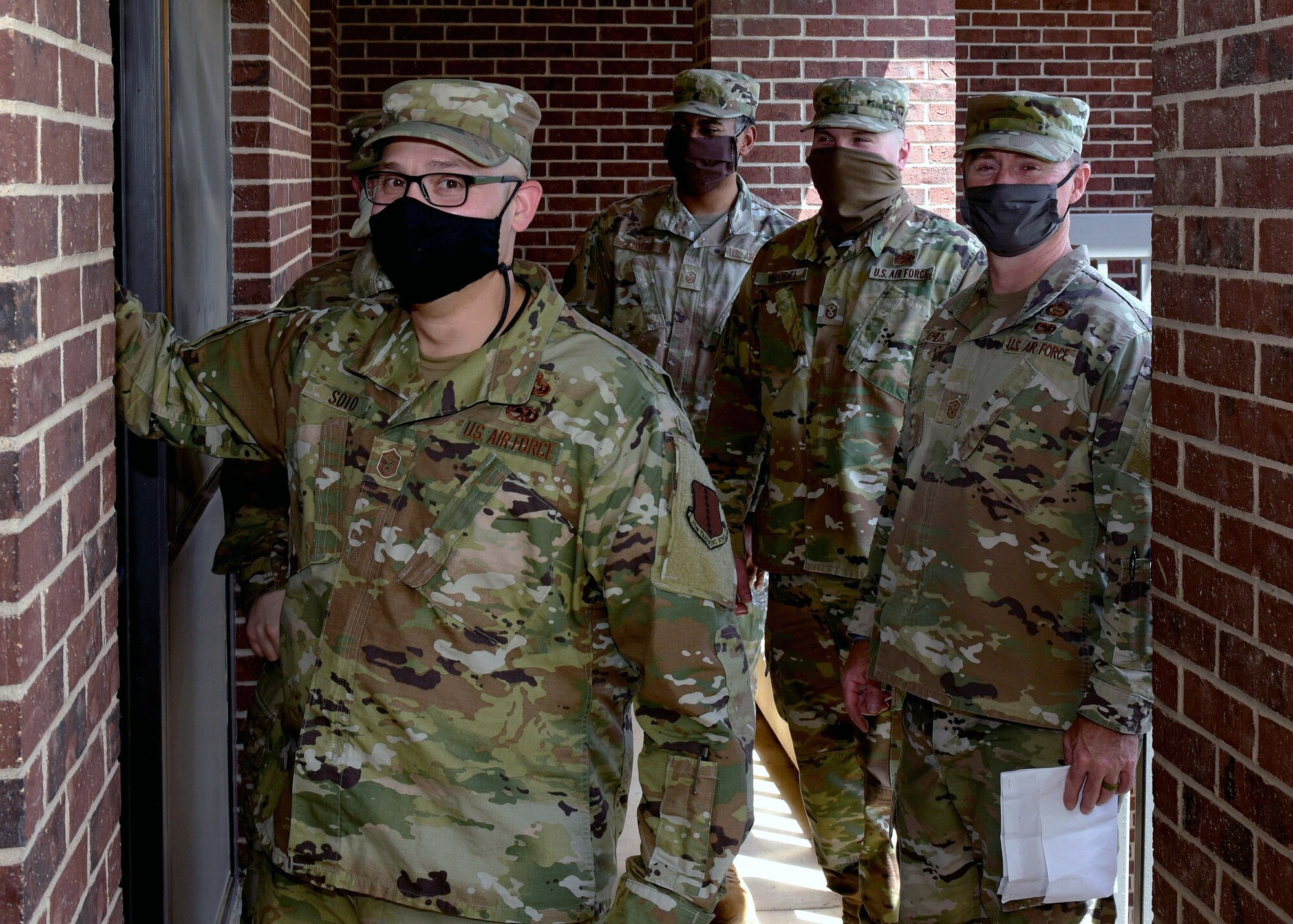 U.S. Air Force First Sergeants check on permanent party Airmen at their dorms April 15, 2020, on Goodfellow Air Force Base, Texas. Airmen are their top priority along with ensuring they are healthy and can continue the mission under any circumstance. (U.S. Air Force photo by Senior Airman Zachary Chapman)