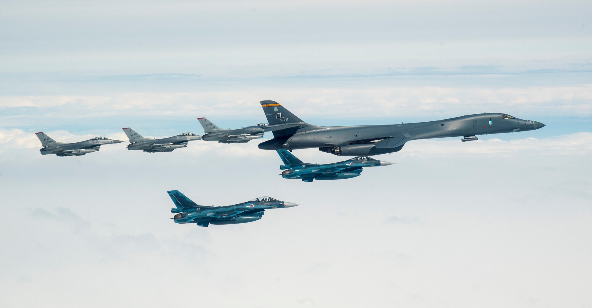 A U.S. Air Force B-1B Lancer from Ellsworth Air Force Base, S.D. and F-16 Fighting Falcons from Misawa Air Base, Japan, conducted bilateral joint training with Japan Air Self-Defense Force (JASDF) F-2s off the coast of Northern Japan, April 22, 2020. U.S. Strategic Command's bomber forces regularly conduct combined theater security cooperation engagements with allies and partners, demonstrating U.S. capability to command, control and conduct bomber missions around the world. (U.S. Air Force photo by Tech. Sgt. Timothy Moore)