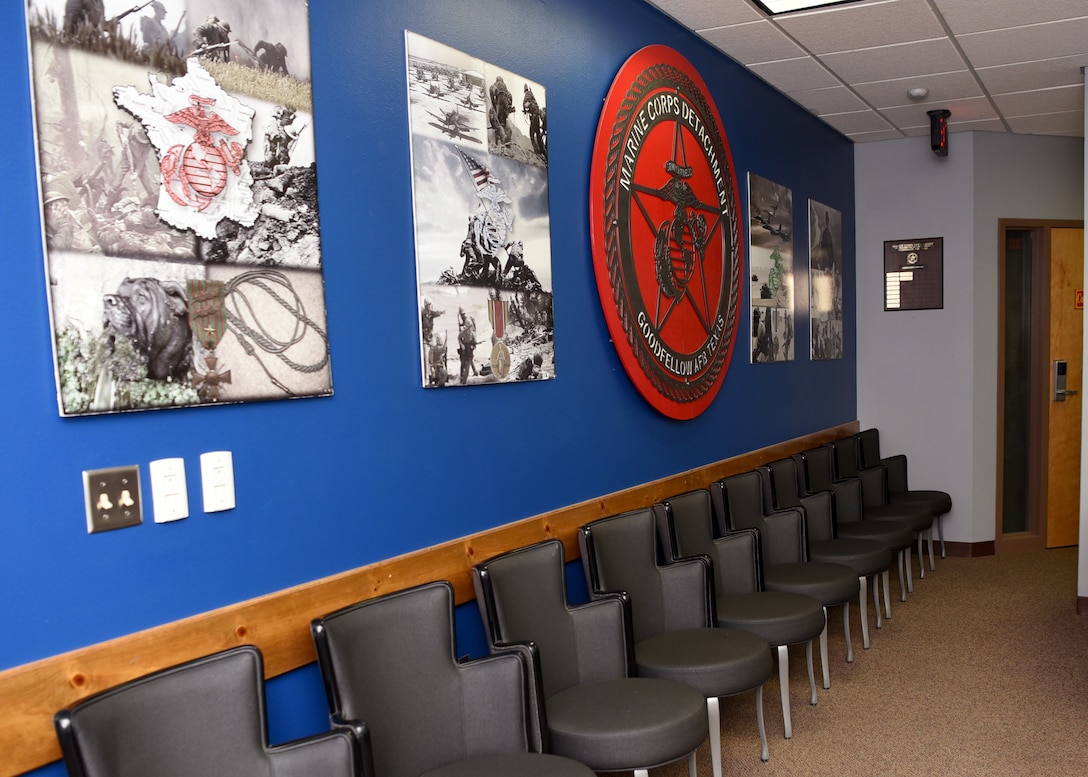 Empty Marine Corps Detachment office chairs are viewed as new social distance and room occupancy standards took effect due to the public health emergency on Goodfellow Air Force Base, Texas, April 22, 2020. Before the COVID-19 pandemic, students typically waited in the seats and crowded lines to speak with their leadership. (U.S. Air Force photo by Airman 1st Class Abbey Rieves)