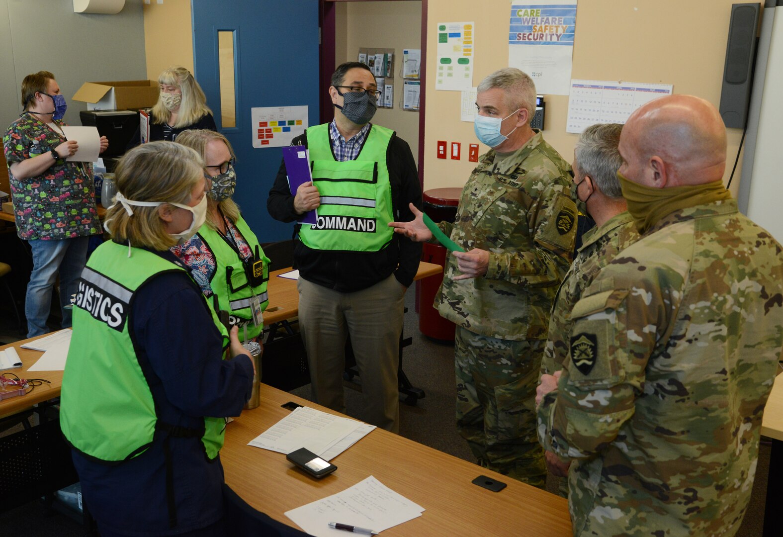 Brig. Gen. William Prendergast IV, Oregon Army National Guard land component commander, with members of the Confederated Tribes of the Warm Springs, April 21, 2020, at the Warm Springs reservation, Warm Springs, Oregon. The Oregon National Guard was invited to visit the tribe and discuss working together to support personal protective equipment (PPE) needs during the COVID-19 pandemic.