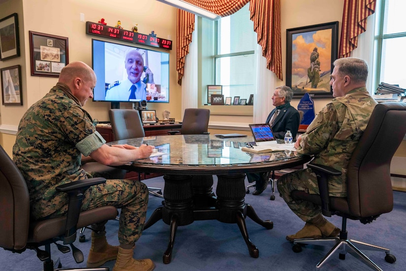 Chairman of the Joint Chiefs of Staff Gen. Mark A. Milley, right, during a video conference with Italy's Chief of Defence Staff Gen. Enzo Vecciarelli in the Pentagon, Apr. 23, 2020. The two leaders discussed areas of mutual concern and ways to work together to combat COVID-19 to include the recently announced DoD humanitarian support authorized by the Secretary of Defense.