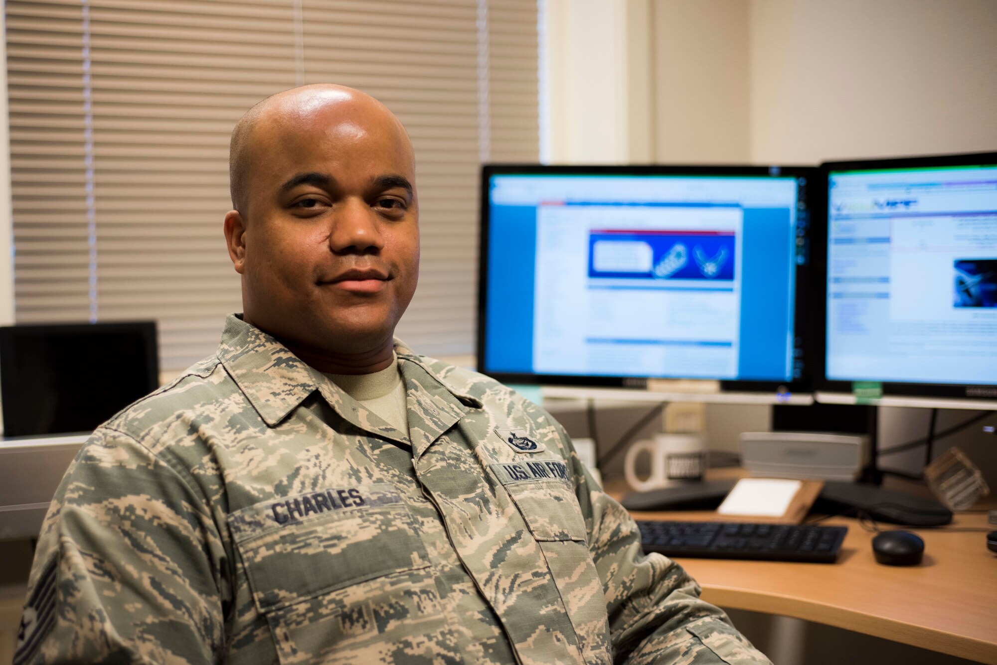 Air Force Tech Sgt. Leon Charles, 426th Air Base Squadron NCO in charge of administration, demonstrates his work as a personnel specialist, January 31, 2020, at Jatta Military Compound, Stavanger, Norway. Like all members of the 426th, Tech Sgt. Charles holds multiple positions in the unit's manning in order to keep unit functions running smoothly. (U.S. Air Force photo by Technical Sergeant Aaron Thomasson)