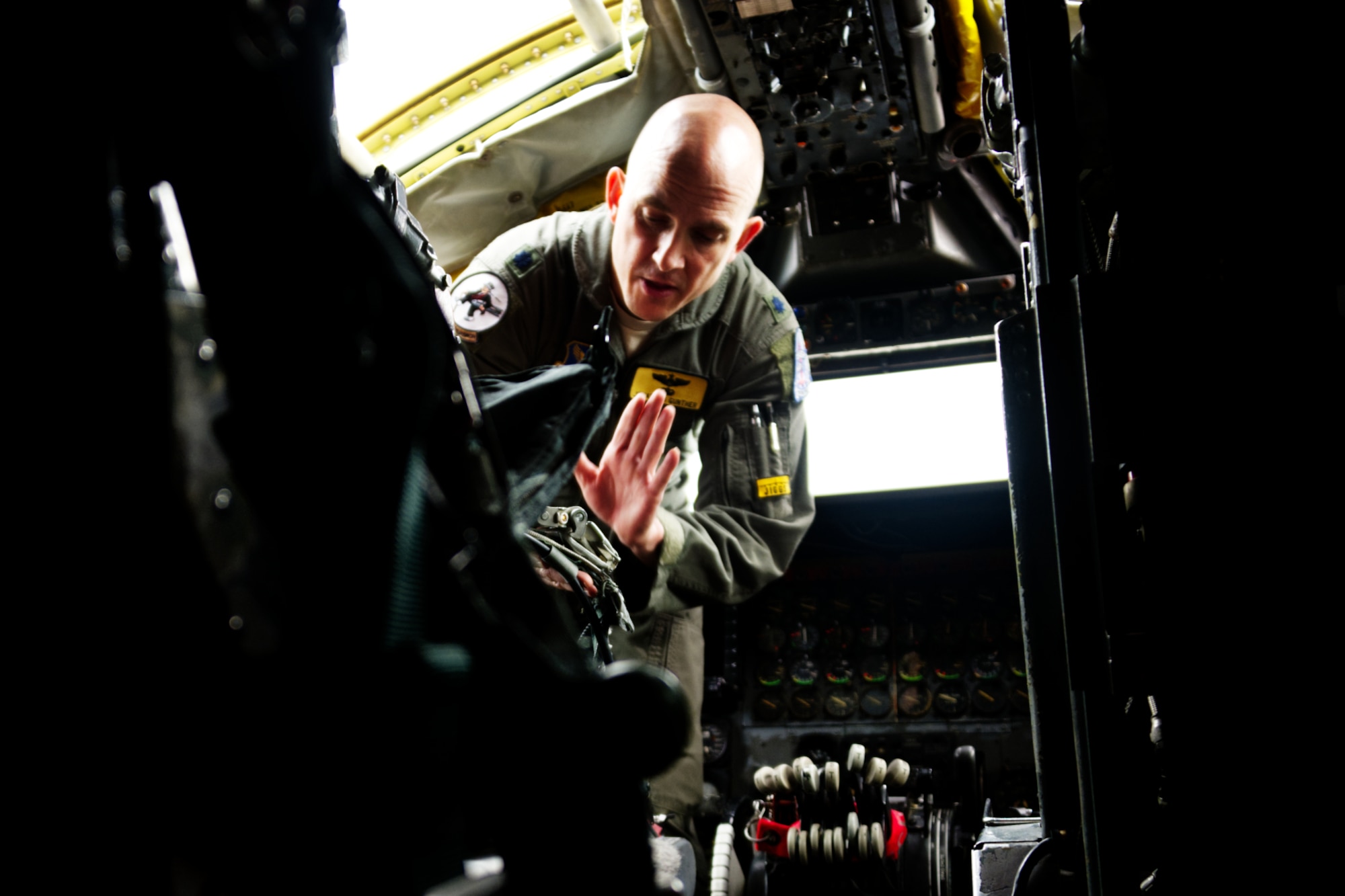 Photo of pilot giving instruction in B-52.