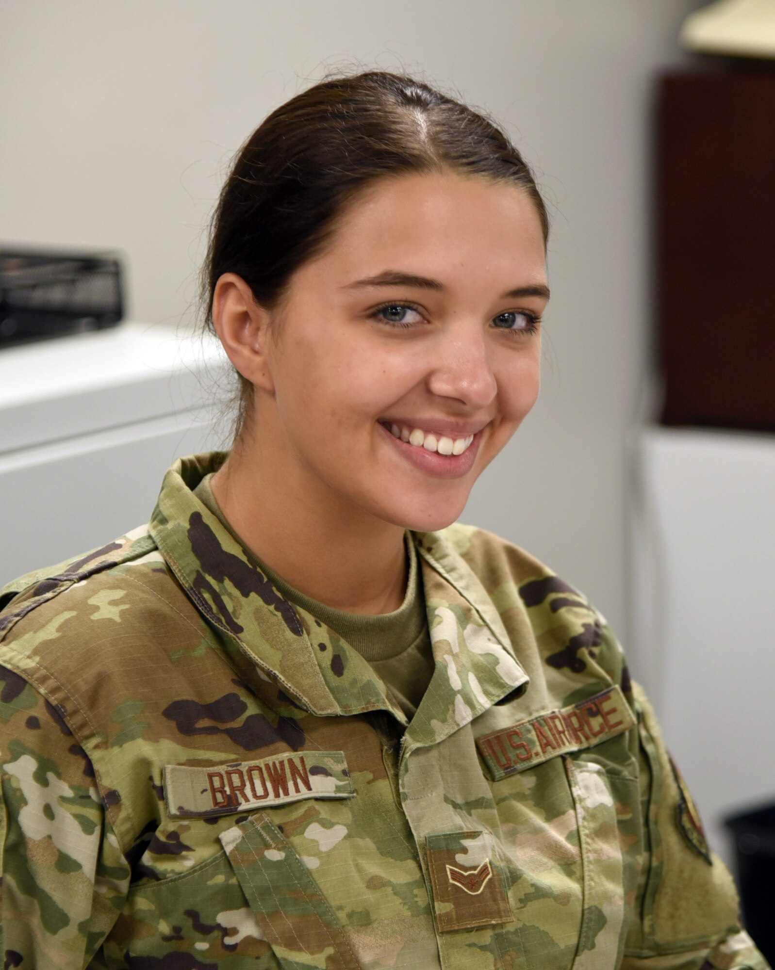 Airman 1st Class Grace Brown has served in the U.S. Air Force for less than a year and works as a customer support journeyman in the 72nd Force Support Squadron Military Personnel Flight in the CAC/ID Office.