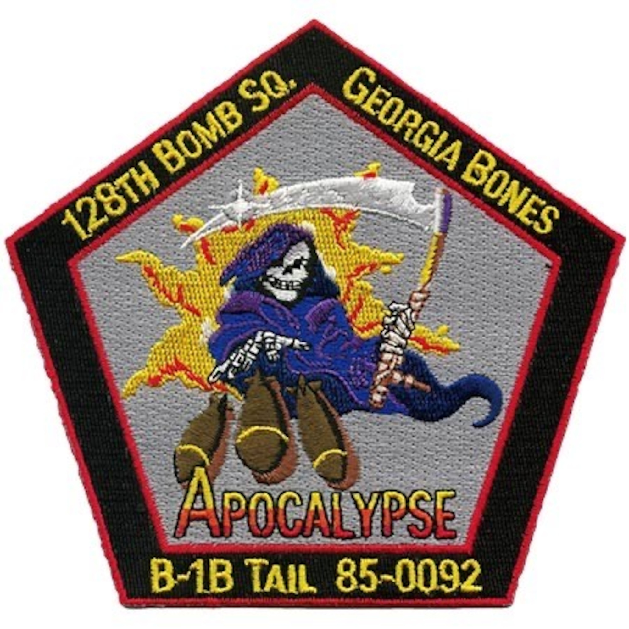 While serving with the 128th Bomb Squadron, tail #85-0092 sported the nose art, "Apocalypse."