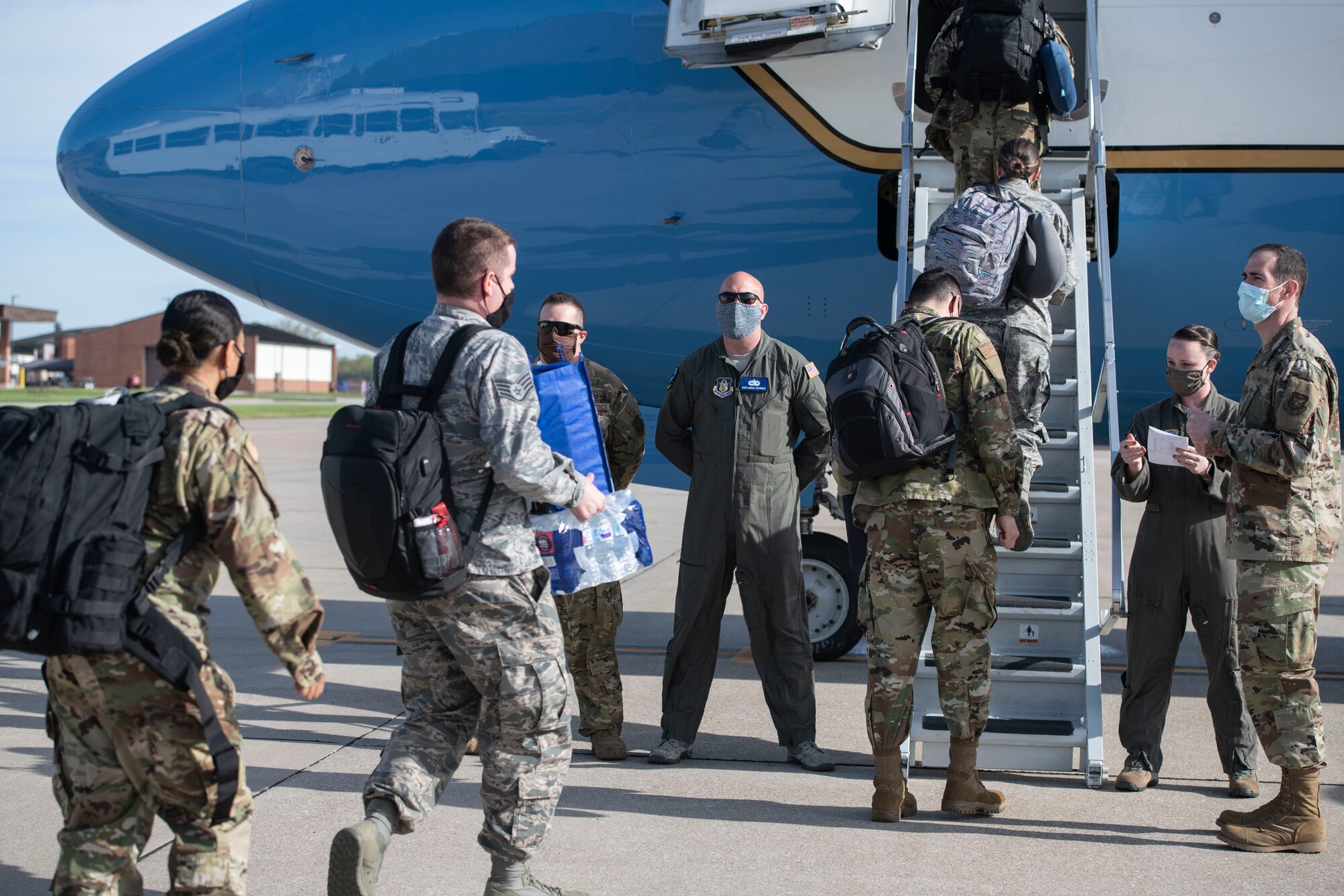 Medical personnel from the 932nd Airlift Wing deploy in support of the COVID-19 relief efforts in New York, April 22, 2020, Scott Air Force Base, Illinois . These members are nurses, medical technicians and radiologists, who volunteered to reply with less than a two day notice.  (U.S. Air Force photo by Staff Sgt. Melissa Estevez)