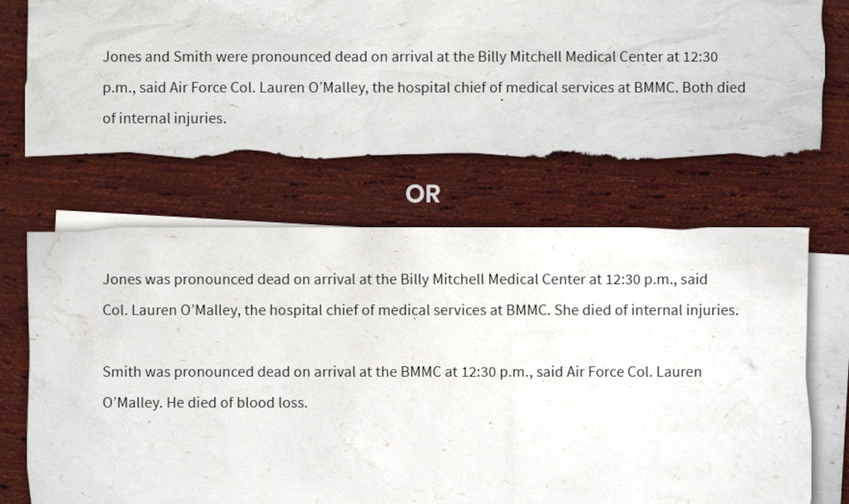 Writing sample for writing the medical information: Jones and Smith were pronounced dead on arrival at the Billy Mitchell Medical Center at 12:30 p.m., said Col. Lauren O’Malley, the hospital chief of medical services at BMMC. Both died of internal injuries. Or Jones was pronounced dead on arrival at the Billy Mitchell Medical Center at 12:30 p.m., said Col. Lauren O’Malley, the hospital chief of medical services at BMMC. She died of internal injuries. Smith was pronounced dead on arrival at the BMMC at 12:30 p.m., said O’Malley. He died of blood loss.