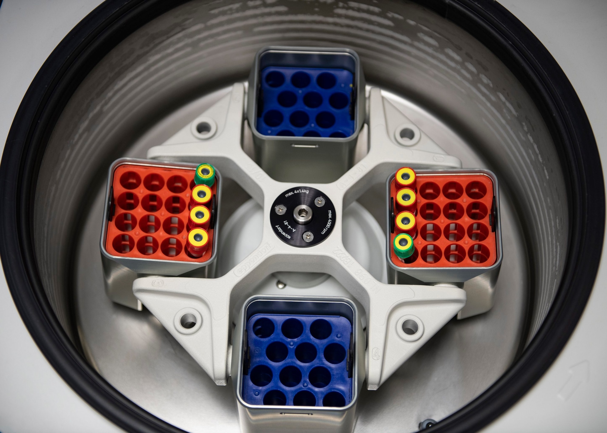 Vials of blood sit in a centrifuge in the lab on Beale Air Force Base.