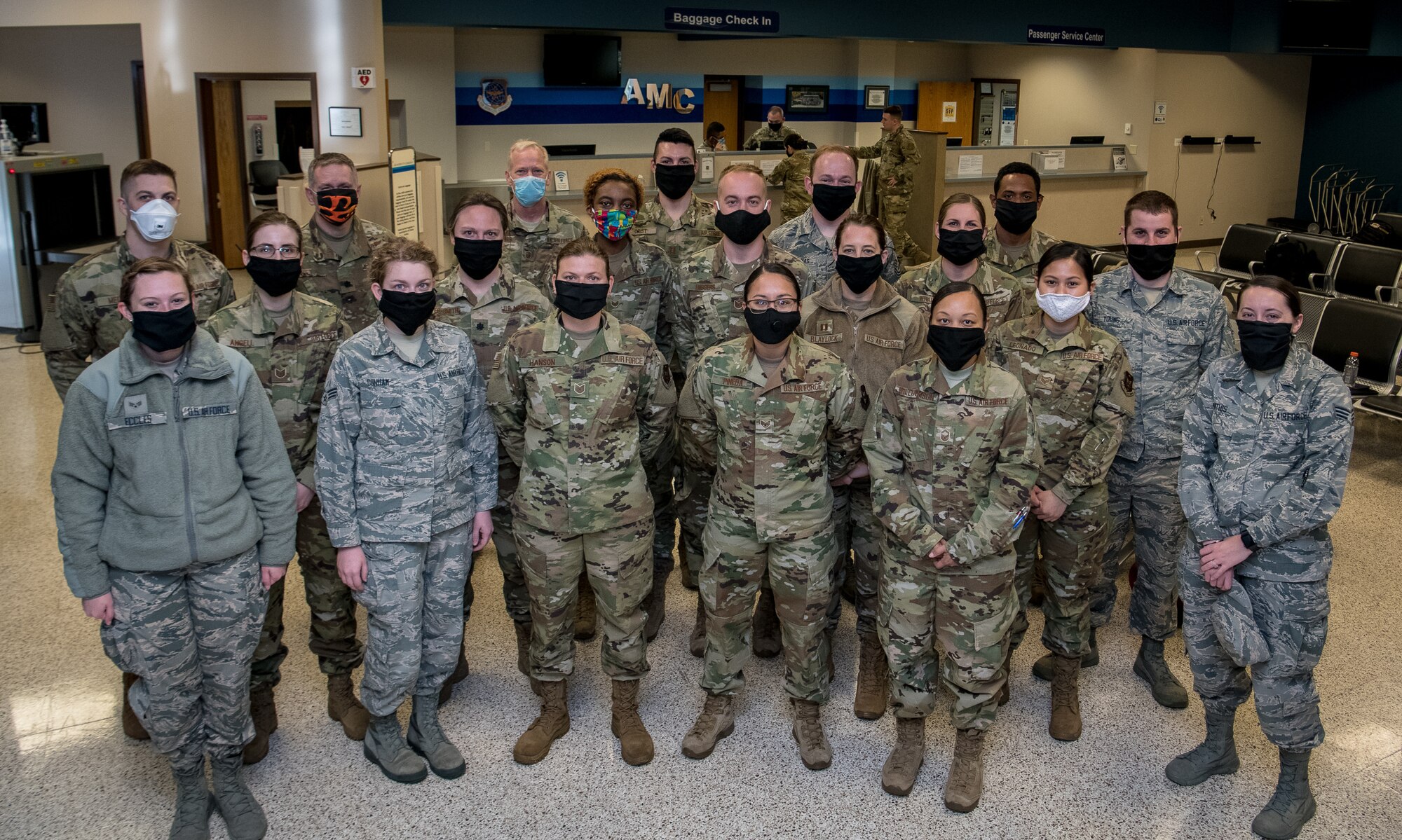 Medical personnel from the 932nd Airlift Wing deploy in support of the COVID-19 relief efforts in New York, April 22, 2020, Scott Air Force Base, Illinois . These members are nurses, medical technicians and radiologists, who volunteered to reply with less than a two day notice.  (Air Force photo by Christopher Parr)