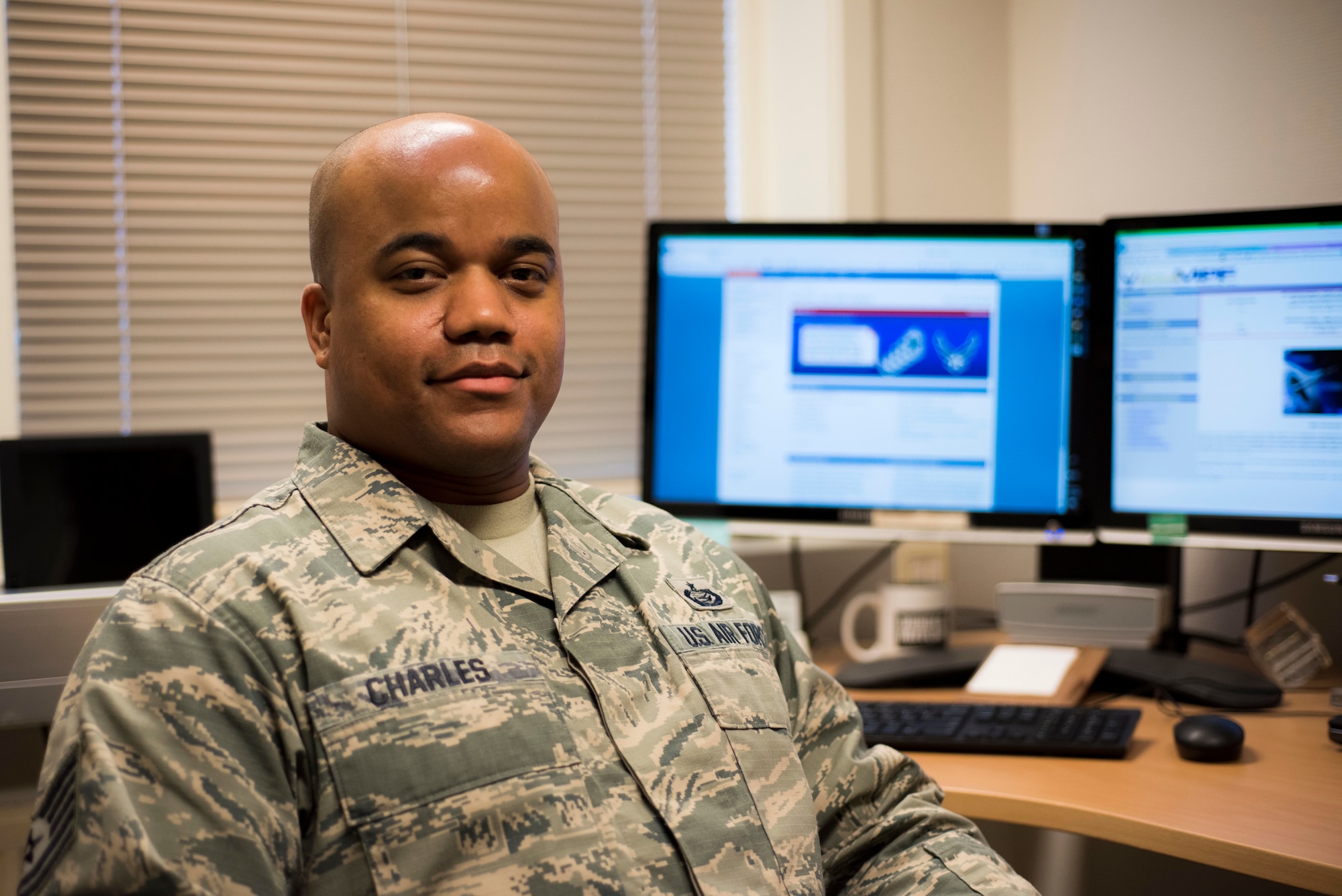 Air Force Tech Sgt. Leon Charles, 426th Air Base Squadron NCO in charge of administration, demonstrates his work as a personnel specialist, January 31, 2020, at Jatta Military Compound, Stavanger, Norway. Like all members of the 426th, Tech Sgt. Charles holds multiple positions in the unit's manning in order to keep unit functions running smoothly. (U.S. Air Force photo by Technical Sergeant Aaron Thomasson)