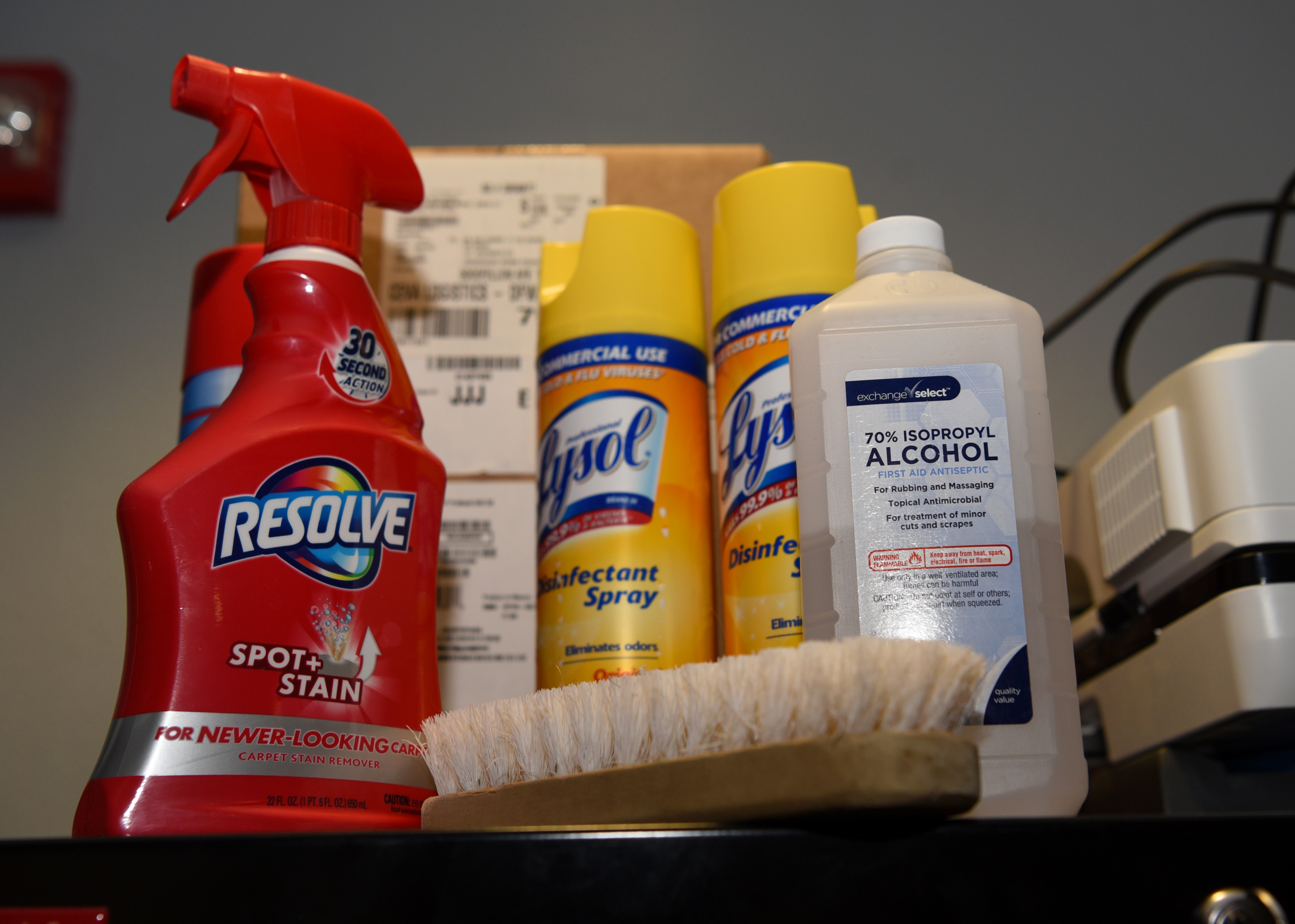 Cleaning supplies were available in the Marine Corps Detachment’s Personnel Administrative Office during the coronavirus pandemic, on Goodfellow Air Force Base, Texas, April 22, 2020.  MDC students, faculty and staff utilized the cleaning supplies during daily sanitation sessions throughout the detachment. (U.S. Air Force photo by Airman 1st Class Abbey Rieves)