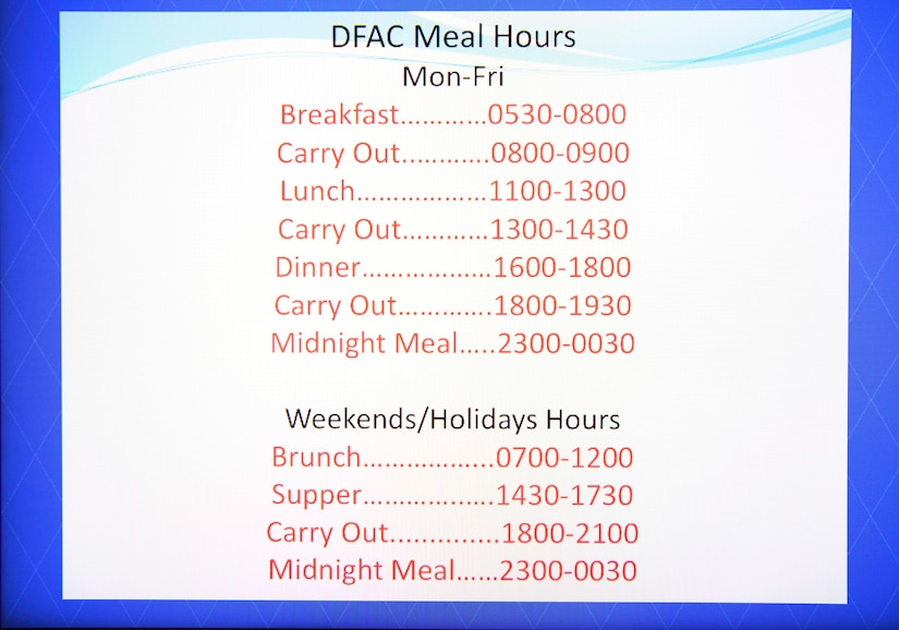 The Freedom Hall Airmen Dining Facility hours of operation are displayed inside the DFAC at Joint Base Andrews, Md., Apr. 7, 2020. Hours of the DFAC were unaffected due to COVID-19, remaining open for four meals a day. They do not support dining in at this time in an effort to reduce the spread of COVID-19, meals are for carry-out only. (U.S. Air Force photo by Airman 1st Class Spencer Slocum)