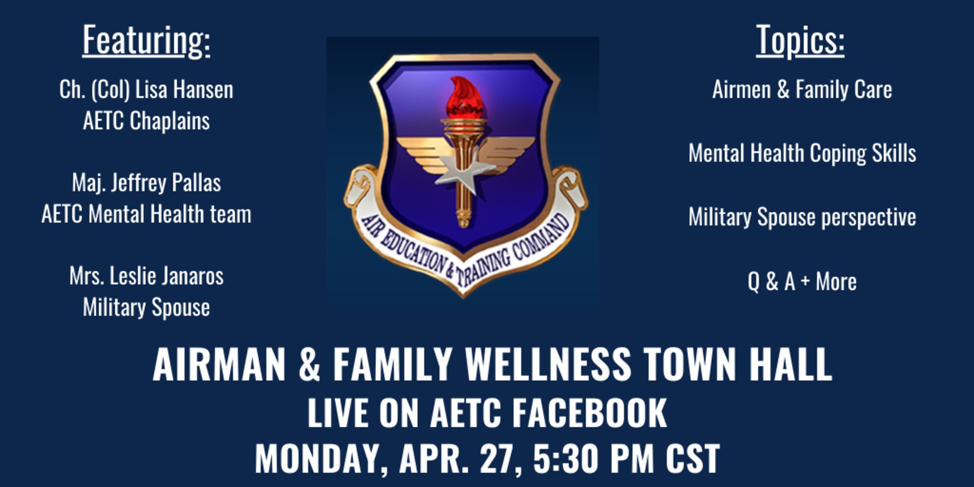 graphic announcing town hall with AETC shield and white letters
