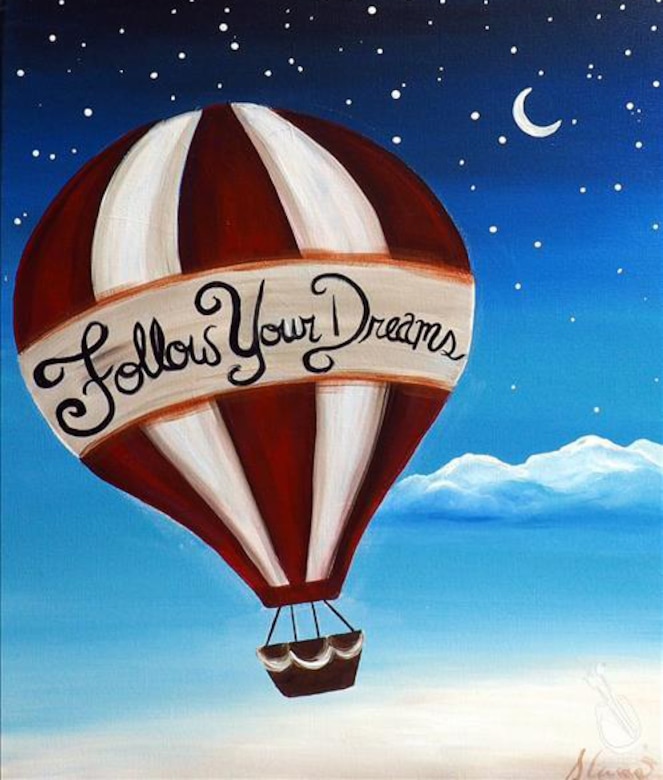 An image of the painting, ‘Follow Your Dreams’ that 50 Schriever Airmen are scheduled to recreate via Zoom May 1, 2020. Participants had the opportunity to vote for one of two options to paint. (Image provided courtesy of Colorado Springs Painting with a Twist)